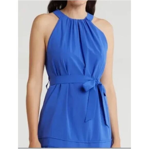 Calvin Klein NWT Royal Blue Sleeveless Ruffled Belted Knee Length Dress Size 8 - Picture 3 of 13